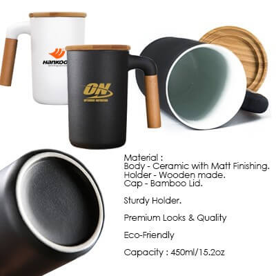 FREEMIUMS GTDW054-11 DESIGNER Ceramic Mug with Wooden Handle - 450ml
