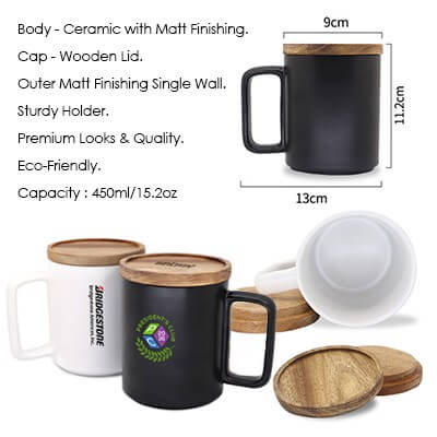 FREEMIUMS GTDW055 Wooden Cap Ceramic Mug - 450ml-F072