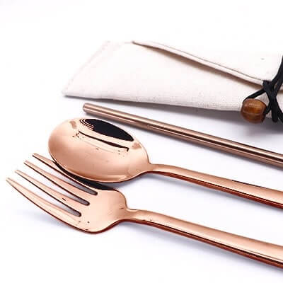 FREEMIUMS GTTB011-4 3-in-1 Rose Gold Cutlery and Straw Canvas Set
