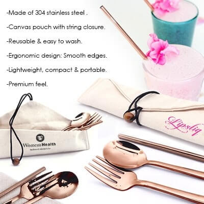 FREEMIUMS GTTB011-8 3-in-1 Rose Gold Cutlery and Straw Canvas Set
